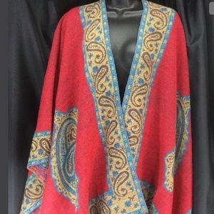 Boho Fringed Poncho Red Multi Reversible